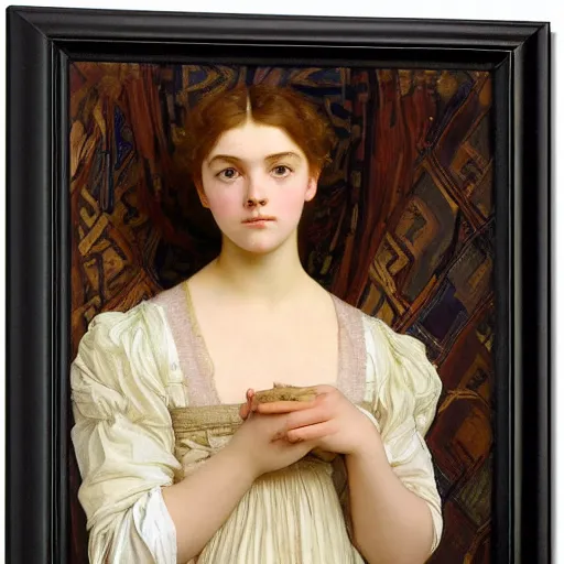 Image similar to a realistic face portrait of a teenage girl who looks lie Uma Thurmond and Anya Taylor Joy with an anxious expression and parted lips, wearing a nightgown, by Frederic Leighton, Alphonse Mucha, Edward Burne Jones