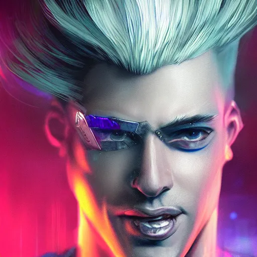 Image similar to cyberpunk, closeup portrait of a cyberpunk entertainer, hologram, blond hair, grey eyes, sadistic smile, delicate jaw, dramatic light, city background, sunset, dystopian setting, high contrast, sharp, neuromancer, peter riviera, painted by stanley lau, painted by greg rutkowski, painted by stanley artgerm, digital art, trending on artstation