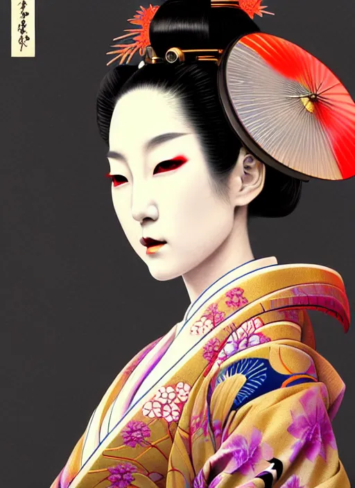 Image similar to sensual japanese geisha wearing vr eyepiece, intricate geisha kimono, robotic, android, cyborg, cyberpunk face, steampunk, fantasy, intricate, elegant, highly detailed, colorful, vivid color, digital photography, cool warm lighting, artstation, concept art, art by artgerm and greg rutkowski,