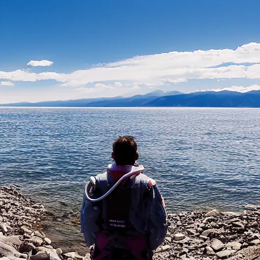 Image similar to an astronaut standing in the water of Lake Baikal and looking at the mountains