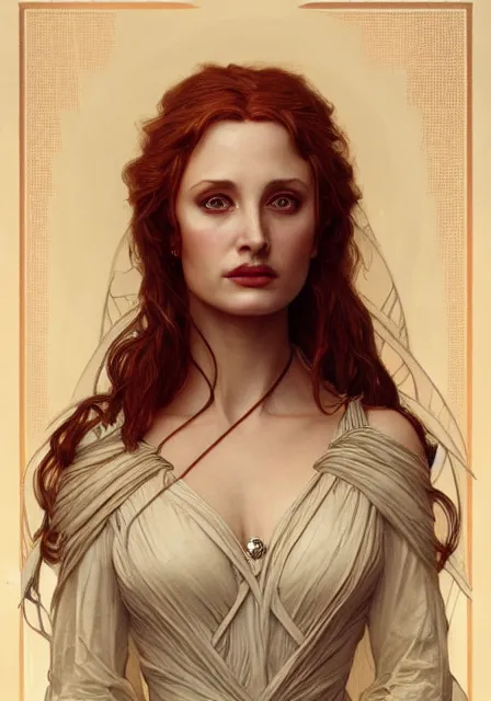 Image similar to sansa angeline jolie gessica chastain old mummy, intricate, elegant, highly detailed, digital painting, artstation, concept art, smooth, sharp focus, illustration, art by artgerm and greg rutkowski and alphonse mucha and william - adolphe bouguereau