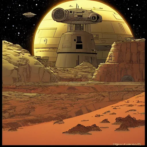 Prompt: Star Wars landscape in the style of comic artist Moebius