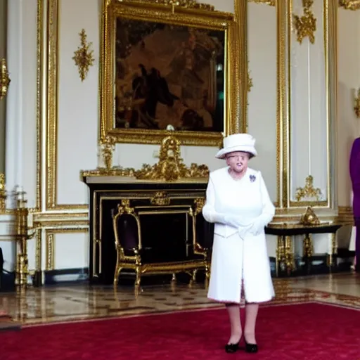 Image similar to Queen Elizabeth playing with a android white robot in the Buckingham palace