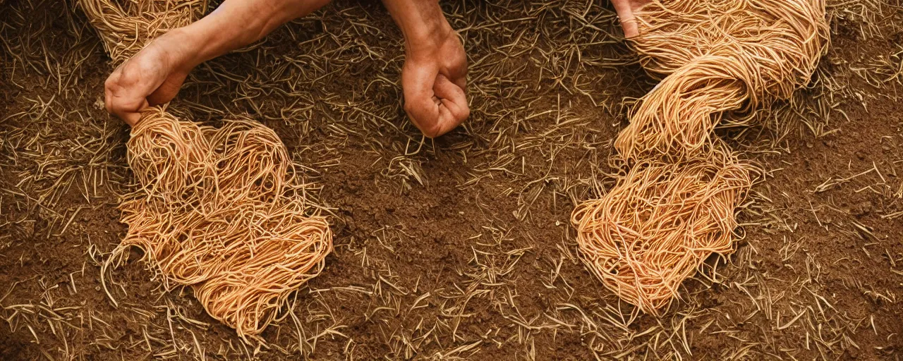 Image similar to tight angle of harvesting ripe spaghetti out of the dirt on the farm, small details, intricate, canon 5 0 mm, high detail, intricate, cinematic lighting, photography, wes anderson, film, kodachrome