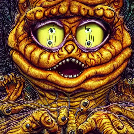 Prompt: garfield scariest horror nightmare by junji ito, digital art, deepdream cosmic, 3 d high definition, trending on artstation, photorealistic, high resolution, 8 k, octane, hyper detailed, trending on deviantart insane details, intricate, elite, ornate, elegant trend, highly detailed and intricate, sharp focus, photography, unreal engine