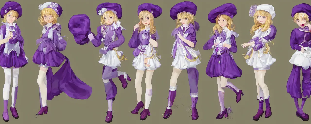 Prompt: A character sheet of full body cute mystical girls with short blond hair wearing an oversized purple Beret, A purple and white dress uniform, Short Puffy pants made of silk, a fluffly petticoat, pointy jester shoes, a big billowy scarf, Golden Ribbon, and white leggings Covered in stars. Short Hair. Sunlit. Haute Couture.Art by william-adolphe bouguereau and Paul Delaroche and Alexandre Cabanel and Lawrence Alma-Tadema. Smooth. Elegant. Highly Detailed. Intricate. 4K. UHD. Denoise.