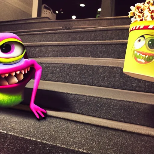 Prompt: mike wazowski from monsters inc falling down the stairs with a bucket of popcorn, iphone photo
