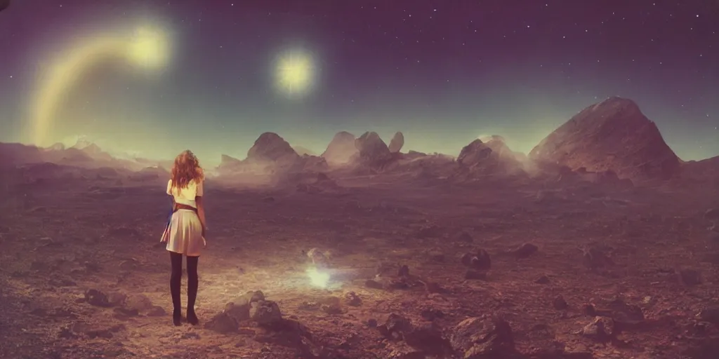 Prompt: vintage polaroid analog photo of a woman in a miniskirt on an alien planet, seen from behind, scifi, gigantic mountains, big clouds, stars in the sky, 8k, unreal engine, warm azure tones, heavy lensflare, color bleed, film grain