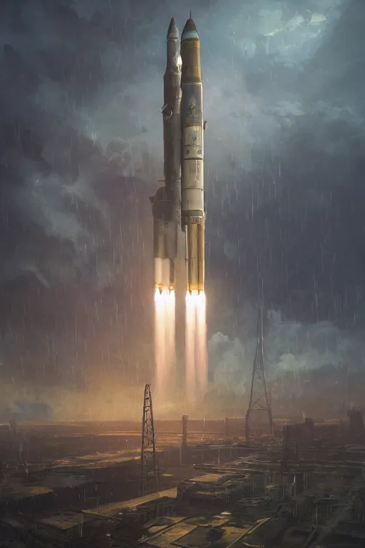 Prompt: a highly detailed matte painting of a soviet steampunk rocket launch in lightning storm and heavy rain by studio ghibli, makoto shinkai, by artgerm, by wlop, by greg rutkowski, volumetric lighting, octane render, 4 k resolution, trending on artstation, masterpiece