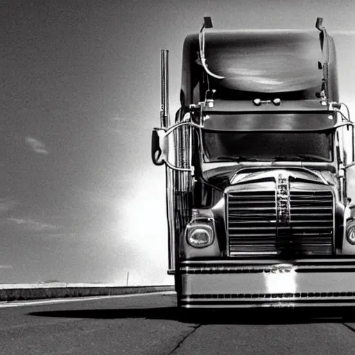 Image similar to 7 0's b - move scene the musical trucker, a trucker playing the saxophone inside his big rig as it drives off the side of a highway