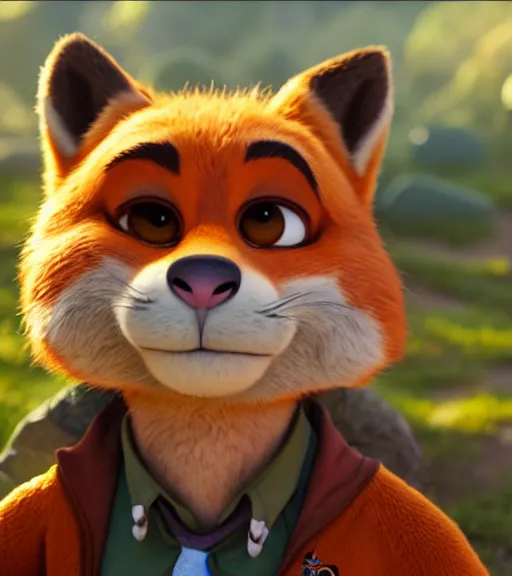 Prompt: a film still from zootopia main character portrait anthro anthropomorphic fox head animal person fursona nick wilde pixar and disney animation, sharp, rendered in unreal engine 5, anime key art by greg rutkowski, bloom, dramatic lighting