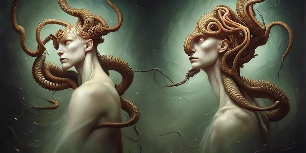 Image similar to ultra realistic, beautiful female gorgon moving through latent spaces in her head, in the style of peter mohrbacher by weta digital and beth cavener, high symmetry, intricate, elegant, evocative, masterpiece, award winning, high face symmetry, high realism