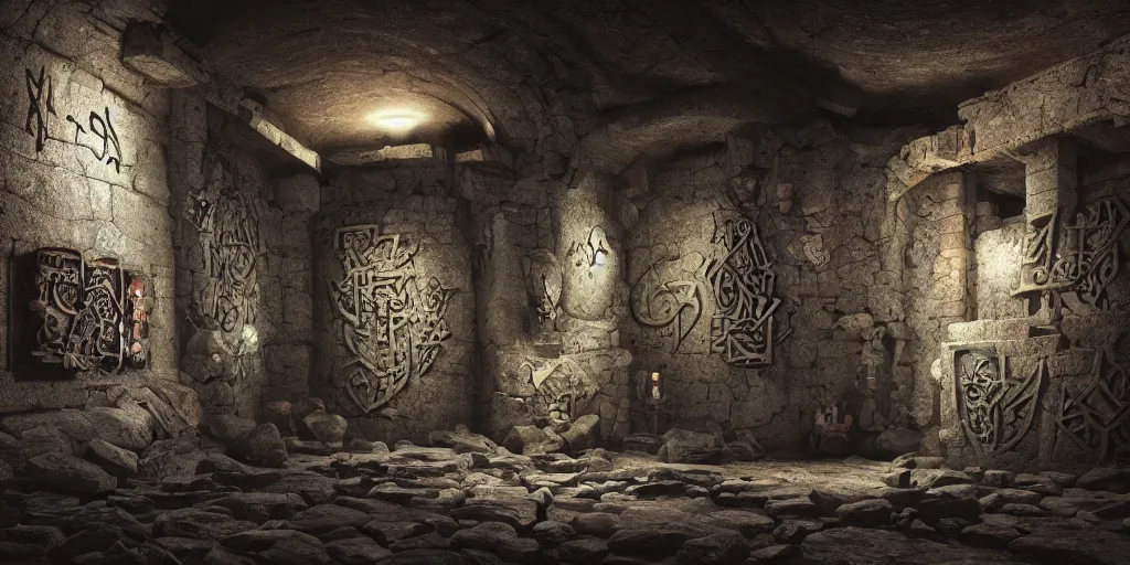 Image similar to ancient catacombs, dark fantasy, sigils, runes, magic, cinematic, graffiti art, scifi, fantasy, hyper detailed, octane render, ue 5