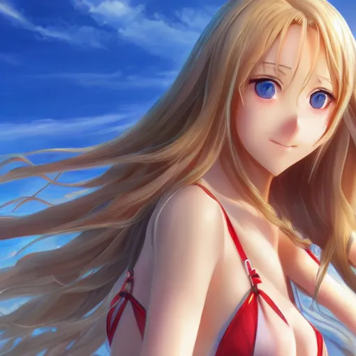 Prompt: a very beautiful mature yuuki asuna, full body, long wavy blond hair, sky blue eyes, full round face, bikini, miniskirt, front view, cute pose, highly detailed, cinematic wallpaper by stanley artgerm lau
