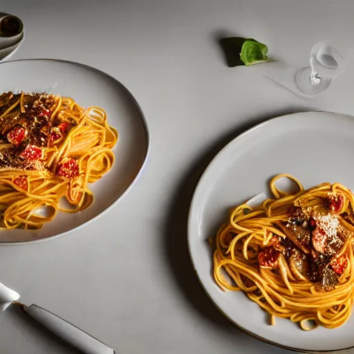 Image similar to extremely delicious looking photo of beautiful spaghetti, very expensive top quality product, michelin star, most perfect desert on the world, small manufacture, unique style, 8 k, product photography, professional studio photography