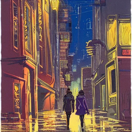 Image similar to girl in leather jacket walking down rainy city street at night, surreal, Ralph Bakshi