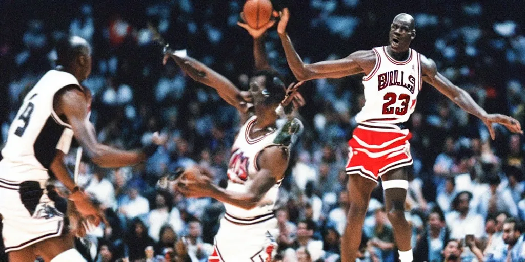 Prompt: Michael Jordan playing basketball against ghosts, 1995