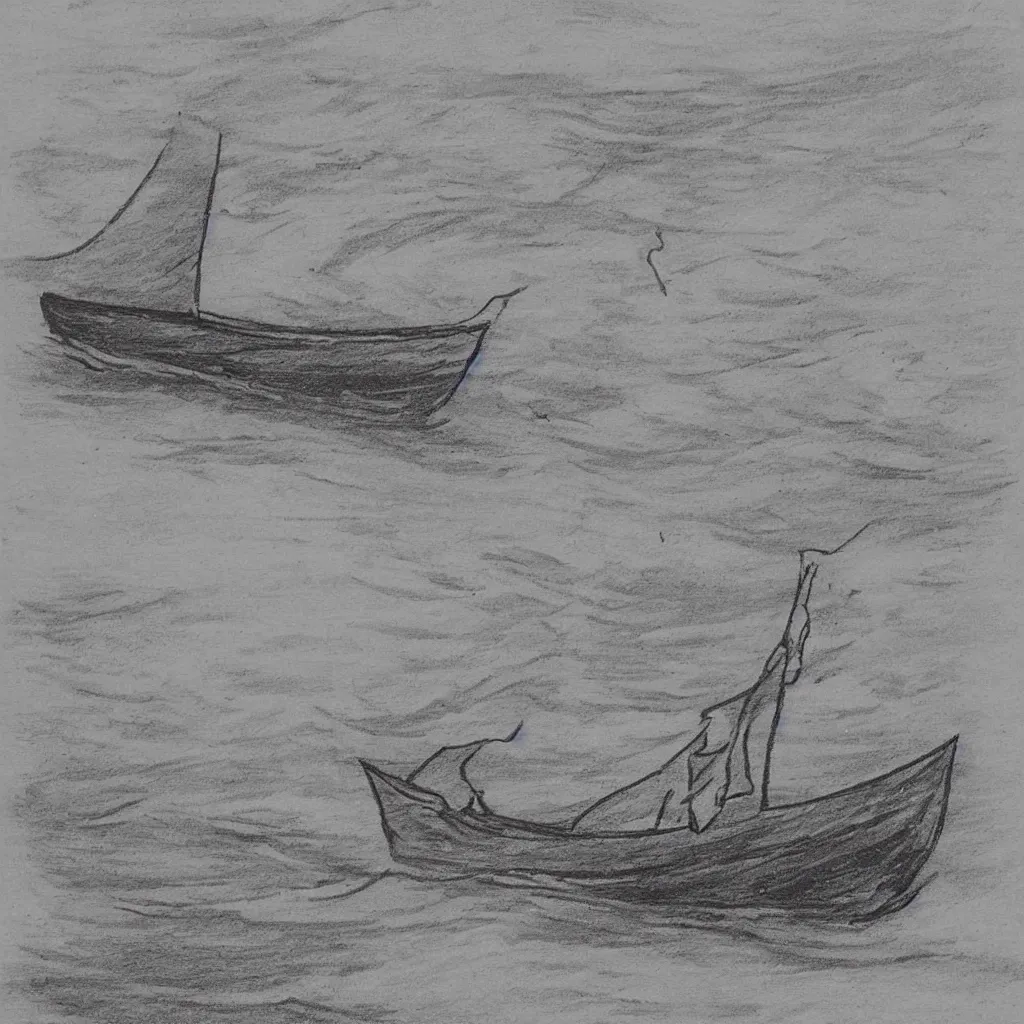 Image similar to vintage art deco drawing black and white sketch on yellowed paper. the sketch depicts a small fishing vessel with a sail from the side. the seas are stormy and the drawing is dark and moody