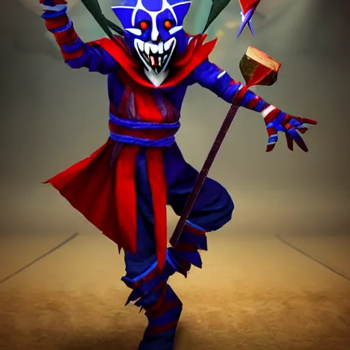 Image similar to ultra realistic shaco the mischevious jester tricking his enemies before he stabs them in the back with his wavy daggers