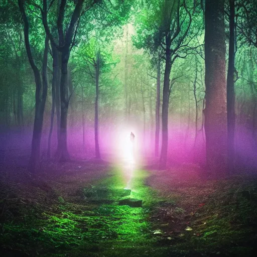 Image similar to purple portal inside the dark forest, glowing, vibe, unsettling atmosphere, stressfull, cinematic, epic, high detail