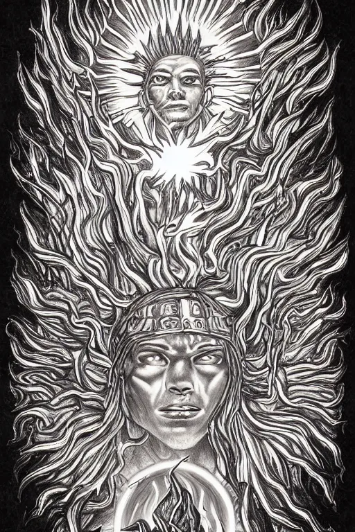 Prompt: demigod blessed with fire powers, son of the sun, godbound, elaborate background, pencil art