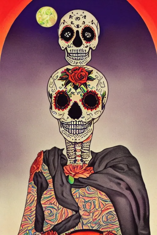 Image similar to Illustration of a sugar skull day of the dead girl, art by chesley bonestell