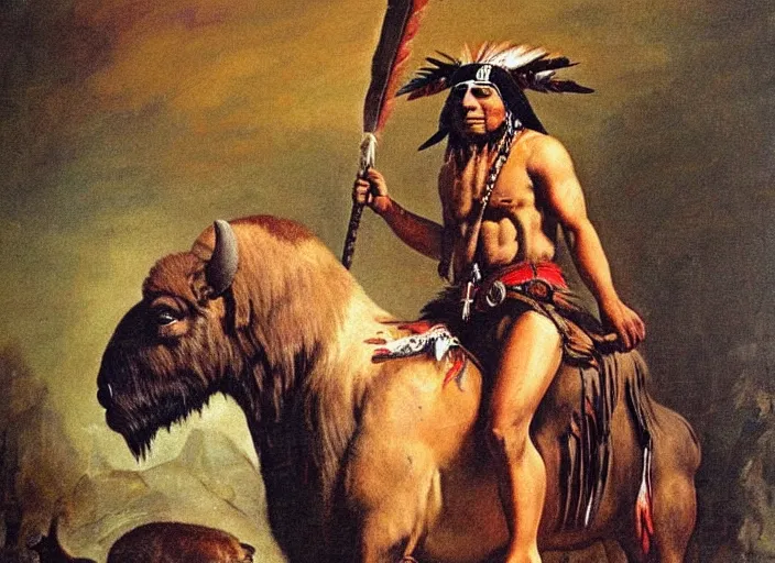 Image similar to powerful native american warrior!! beautiful native american sitting on bison, buffalo, nineteenth century painting, painted by frank frazetta