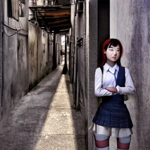 Image similar to a perfect, realistic professional oil painting of a Japanese schoolgirl posing in a dystopian alleyway, style of Marvel, full length, by a professional American senior artist on ArtStation, a high-quality hollywood-style concept