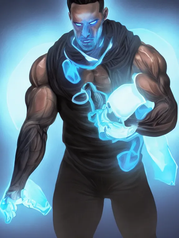 Prompt: portrait art of a muscular man with light blue skin and glowing eyes, wearing a dark blue outfit with now sleeves, fingerless gloves, black shoes. He is carrying a large shoves. around his neck is a glowing light blue vial, 8k ultra realistic , lens flare, atmosphere, glow, detailed, intricate, full of colour, cinematic lighting, trending on artstation, 4k, hyperrealistic, focused, extreme details, unreal engine 5, cinematic, masterpiece