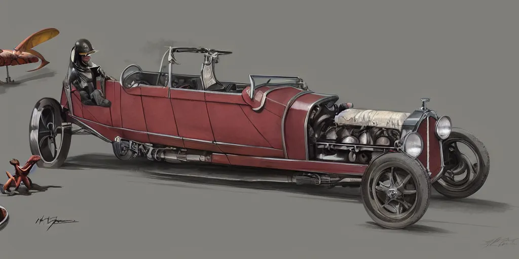 Prompt: 1920's hotrod featured in no mans sky concept art, highly detailed, soft colors, art by by Charlie Bowater, by Mark Brooks