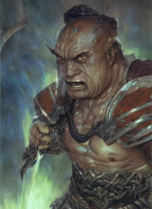 Image similar to a fantasy comic book style portrait painting of a bald half - orc male warrior, art by donato giancola and bayard wu and gustav moreau and wayne barlowe