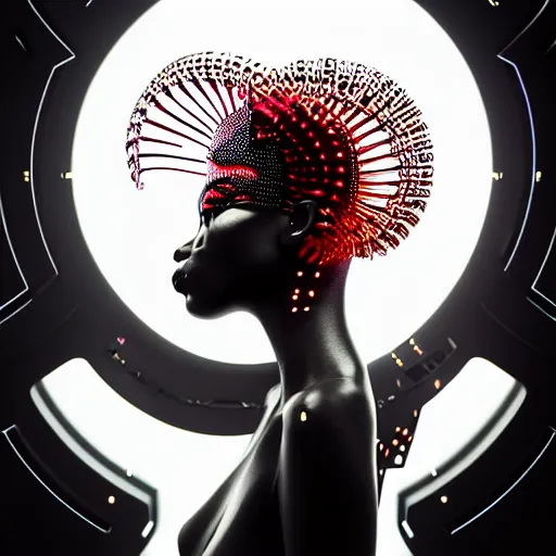 Image similar to portrait of an absurdly beautiful, graceful, sophisticated, fashionable black cyberpunk mechanoid gravure idol, hyperdetailed illustration by irakli nadar, adut akech, matt wisniewski style, intricate linework, dark black skin, jellyfish headdress, day - glow facepaint, unreal engine 5 highly rendered, global illumination, red light, detailed and intricate environment