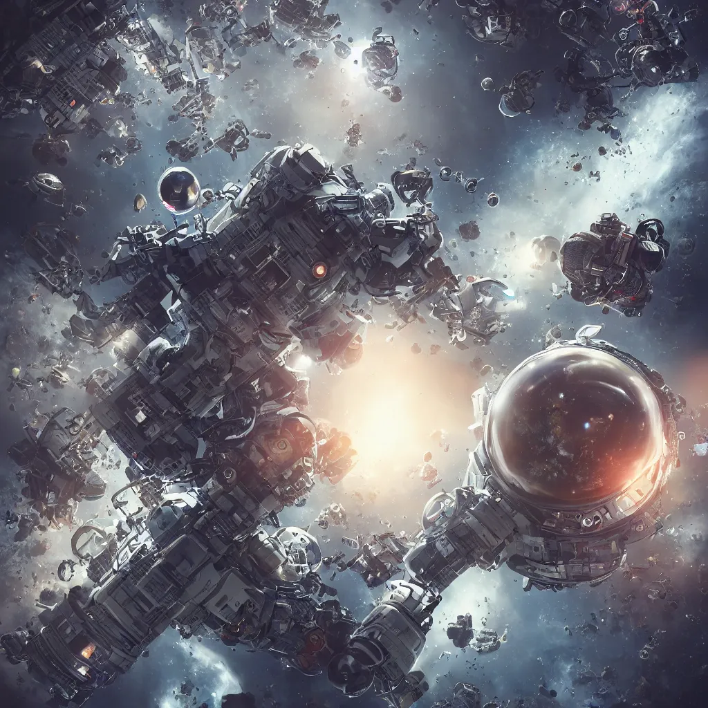 Image similar to an epic portrait of an astronaut entering microscopic multiverse of atoms madness with a tiny micro spaceship, cinematic lighting, trending on Artstation, highly detailed, insane details