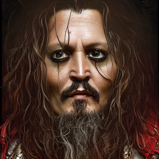 Image similar to photorealistic johnny depp as god in the style of michael whelan and gustave dore. hyperdetailed photorealism, 1 0 8 megapixels, amazing depth, glowing rich colors, powerful imagery, psychedelic overtones, 3 d finalrender, 3 d shading, cinematic lighting, artstation concept art