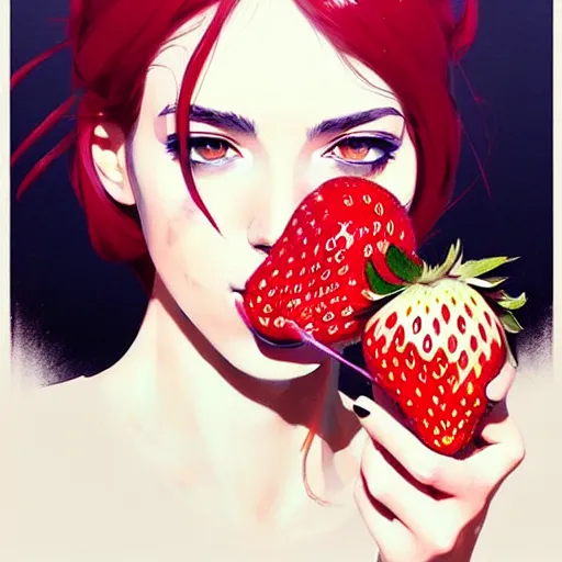 Image similar to a ultradetailed beautiful panting of a stylish woman with a strawberry in her mouth, by conrad roset, greg rutkowski and makoto shinkai, trending on artstation