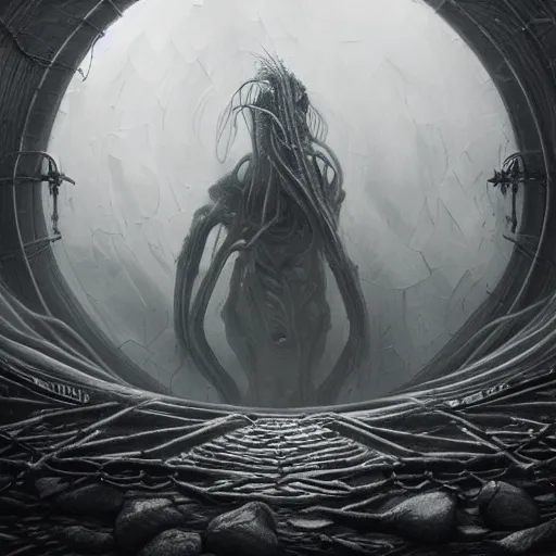 Image similar to Vicariously!!! I, live while the whole world dies, ultra realist soft painting of the world of Lovecraft Elden Ring and Giger, very intricate details, ultra dense fog, golden ratio, volumetric black and white lighting, reflections, refractions, symmetry accurate, octane render