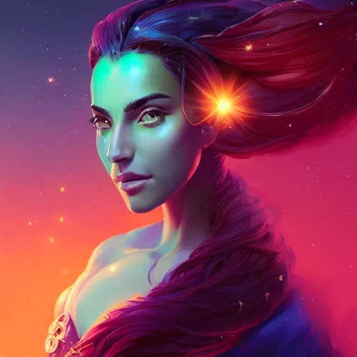 Image similar to portrait of beautiful woman with magical nebula hair, maya ali mage, gloomhaven, dynamic lighting, gaudy colors, octane render aesthetic, matte painting concept art, official fanart behance hd artstation by jesper ejsing, by rhads and makoto shinkai and lois van baarle and ilya kuvshinov and rossdraws