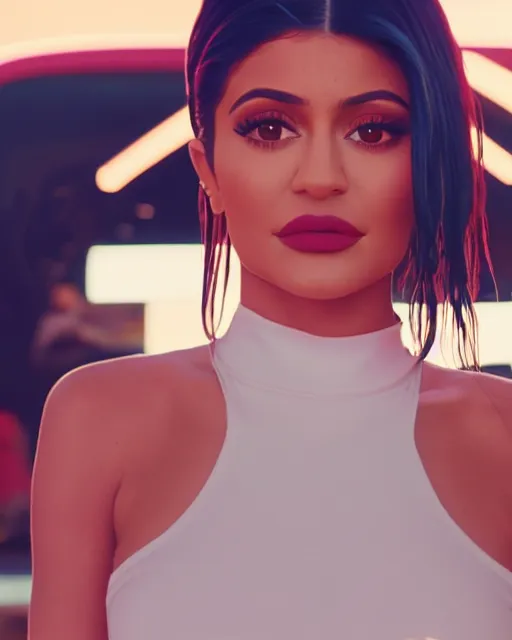 Prompt: film still of kylie jenner in a hardees ad, vibrant high contrast, octane, arney freytag, cinematic, portrait, backlit, rim lighting, 8 k