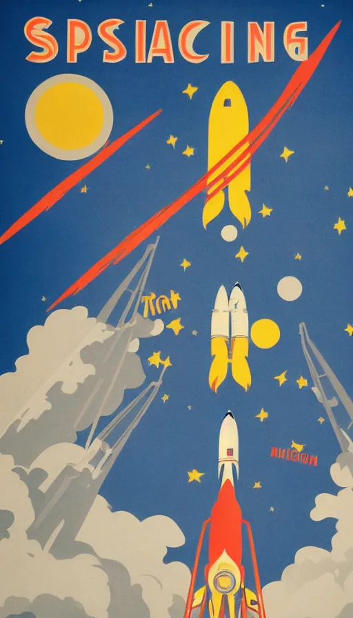 Image similar to retro propaganda poster for space exploration, rocket launching, small humans watching