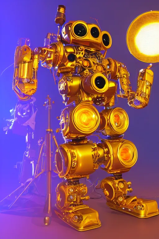 Image similar to portrait photo of a giant huge golden and blue metal humanoid steampunk robot singer with headphones and gears and tubes, in the foreground is a big red glowing microphone on a tripod, eyes are glowing red lightbulbs, shiny crisp finish, 3 d render, 8 k, insaneley detailed, fluorescent colors, background is multicolored lasershow
