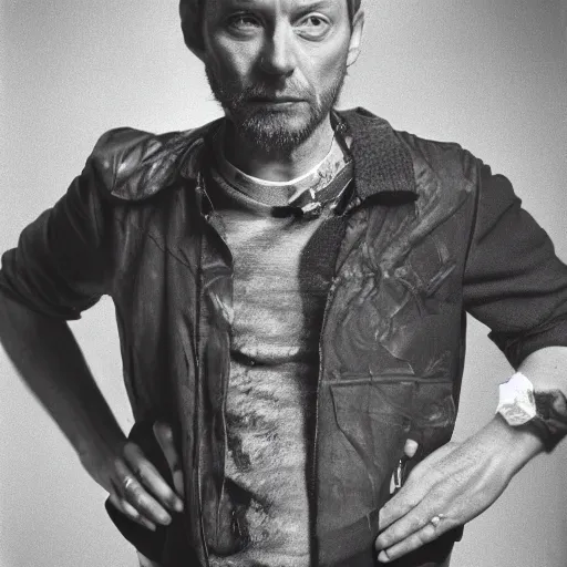 Image similar to Thom Yorke, a man with a beard and a black jacket, a portrait by John E. Berninger, dribble, neo-expressionism, uhd image, studio portrait, 1990s