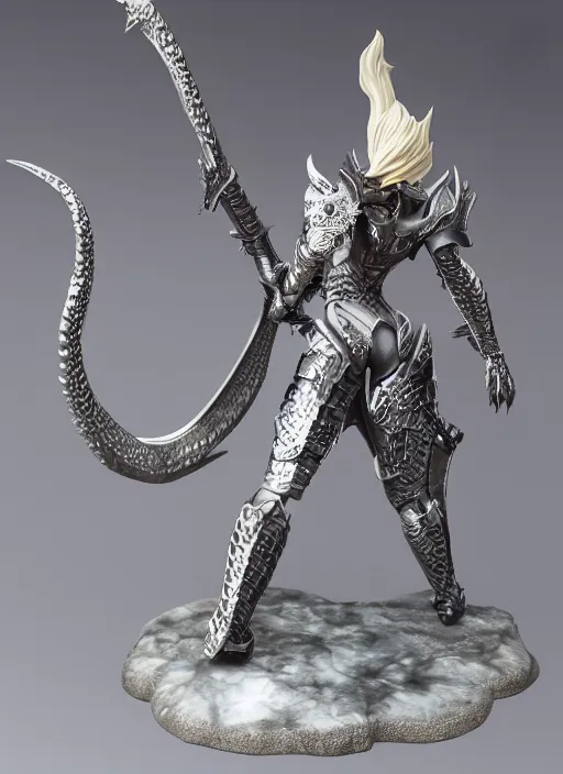 Image similar to 80mm, resin detailed model figure of a female wearing a silver dragon armor without helmet