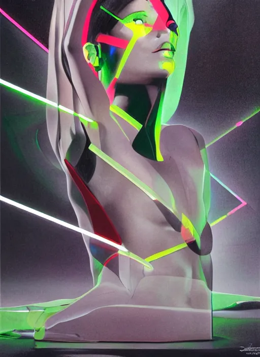 Prompt: futuristic lasers tracing, data visualization, laserpunk fullbodysuit,, pyramid visor, raindrops, wet, oiled, beautiful cyborg girl pinup, by steven meisel, kaws, rolf armstrong, cubist perfect geometry abstract acrylic, hyperrealism photorealistic airbrush collage painting, monochrome, neon fluorescent colors, minimalist rule of thirds, eighties eros