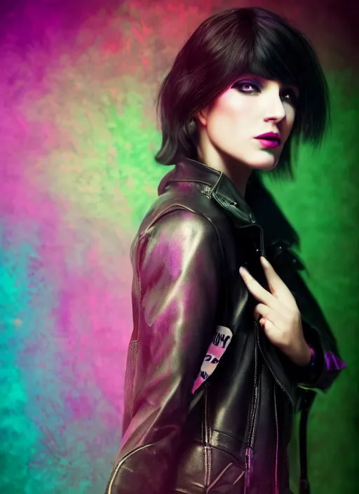 Image similar to a photo of 8 k ultra realistic a black haired female in high heels and a black leather jacket, pink, purple, green, yelow, red, blue, white neon, art by lise deharme