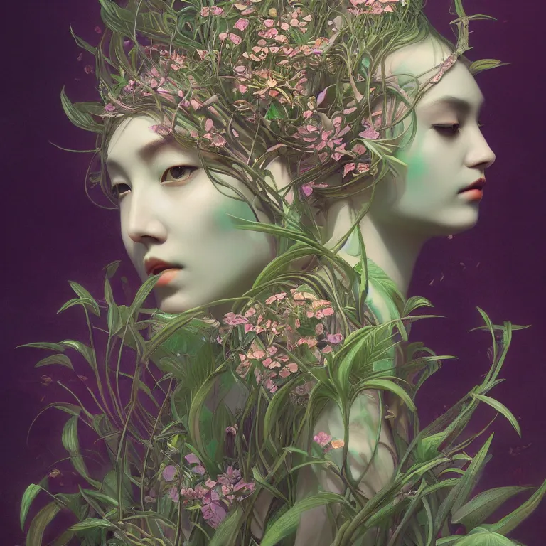 Image similar to breathtaking detailed concept art painting art deco portrait of a gaea goddess amalgamation plants, by hsiao - ron cheng, bizarre compositions, exquisite detail, extremely moody lighting, 8 k