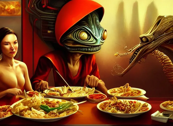 Prompt: an alien eating food at a chinese buffet, americana painting, elegant intricate digital painting artstation concept art by mark brooks and brad kunkle detailed