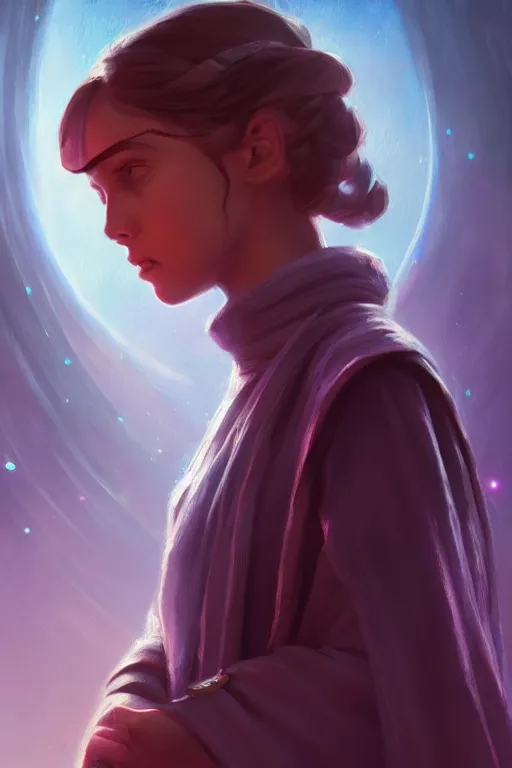 Image similar to a portrait of a cute young female jedi, star wars setting, vivid colors, soft lighting, atmospheric, cinematic, moody, in the style of artgerm and greg rutkowski, oil on canvas, 8 k