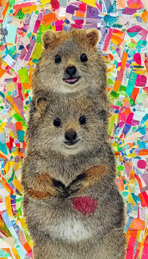 Prompt: detailed illustration, a portrait of a happy quokka on rotttnest island constructed from colored paper, collage, may gibbs, layered composition, layers, texture, textured, layered, sculpted, dynamic, 🦋, 🌱,