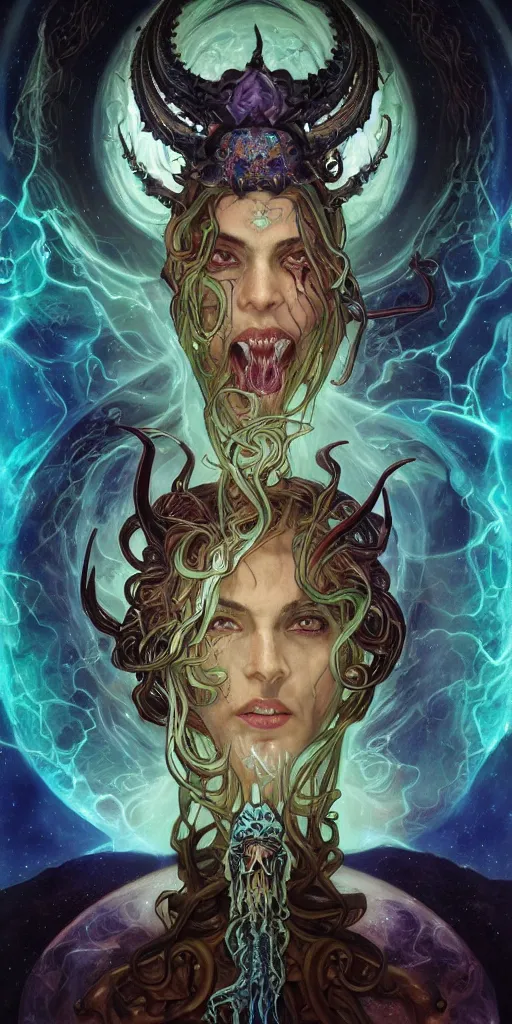 Prompt: intense glowing angry pagan god with horns and tentacles and intense glowing eyes and a skull in very dark cosmic space by karol bak and artgerm and alphonse mucha, portrait, fantasy, clear, light beams, lens flare, intense, uhd, amazing depth, cinematic lighting, purple and teal and indigo and cyan