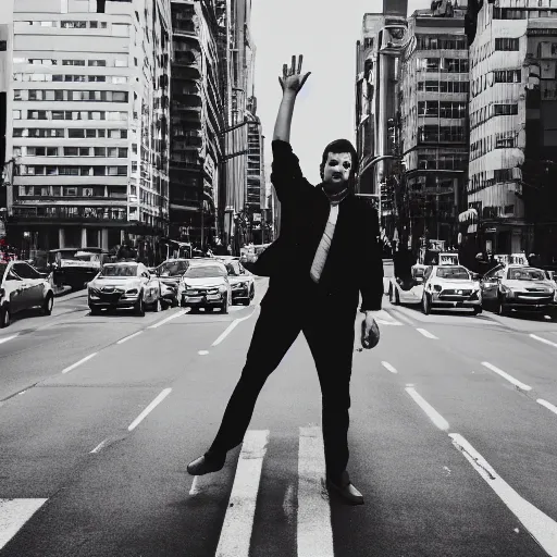 Image similar to a man standing on one leg in the middle of the street, holding up traffic, photography